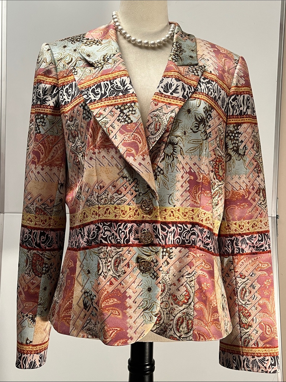 Kay Unger Rose and Light Teal Patchwork Paisley Silk Blazer